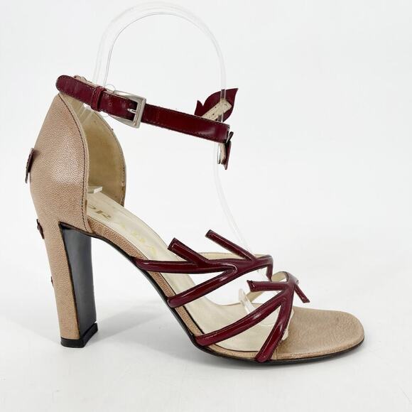 Prada Vintage S/S 1997 Beige Burgundy Leaf Detail Block Heel Sandal size IT 36.5 - Picture 3 of 13